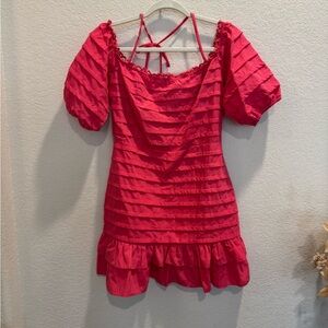 Pink Ruched Puff Sleeve Mini Dress